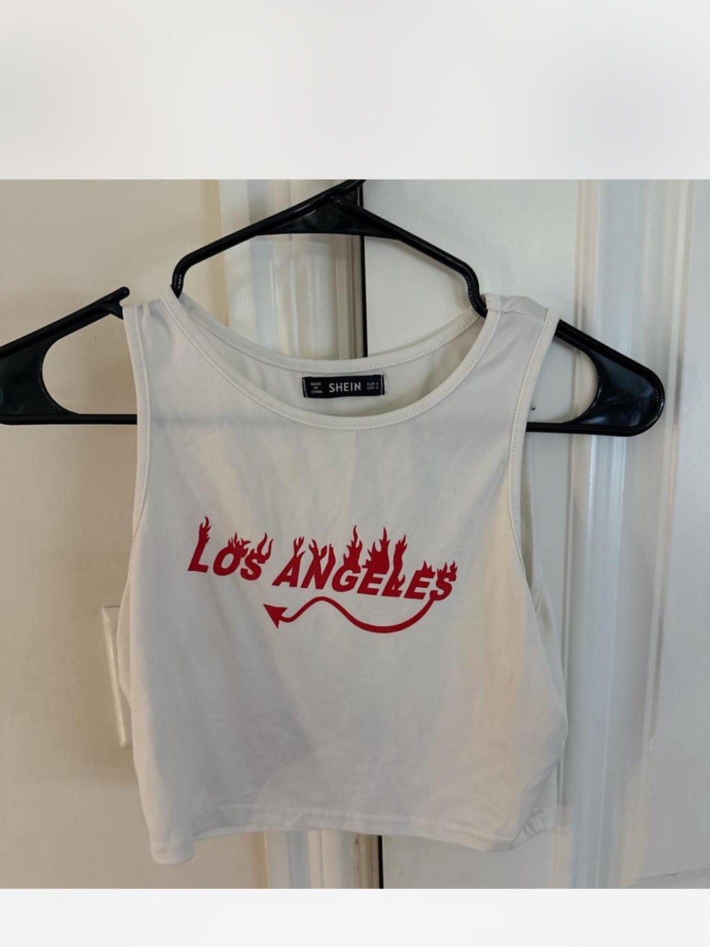 SHEIN White Crop Tank with Red 'Los Angeles' Flame Graphic